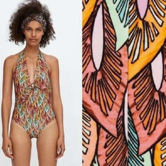 Zara Printed Halter One Piece Swimsuit S - Picture 3 of 8